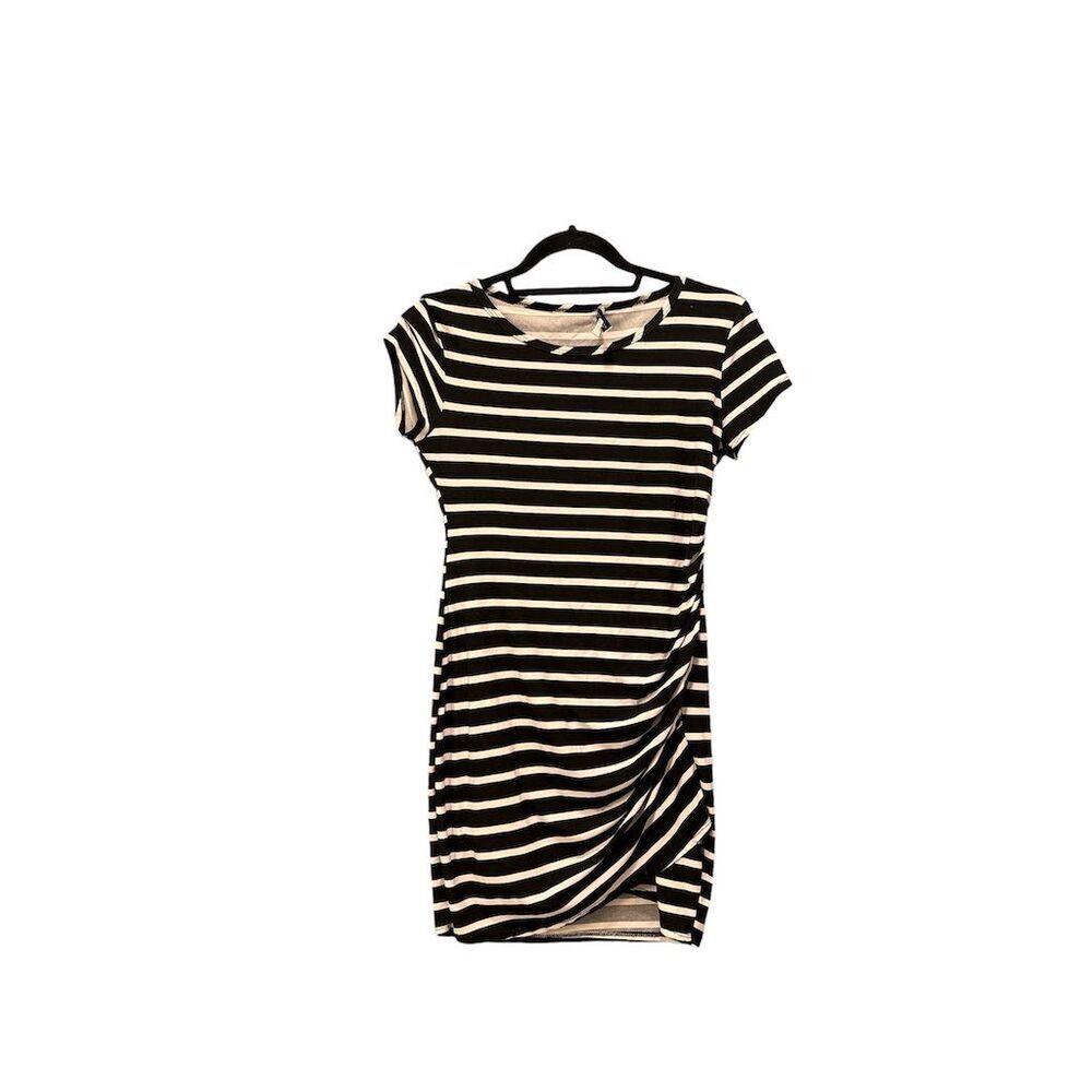 Moa Moa Women's Striped Ruched Bodycon Dress Black & White Knee Length M
